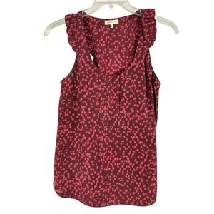 Martin + OSA Red Silk Printed Tank Size 8 Ruffle Sleeve Buttons Cottagecore